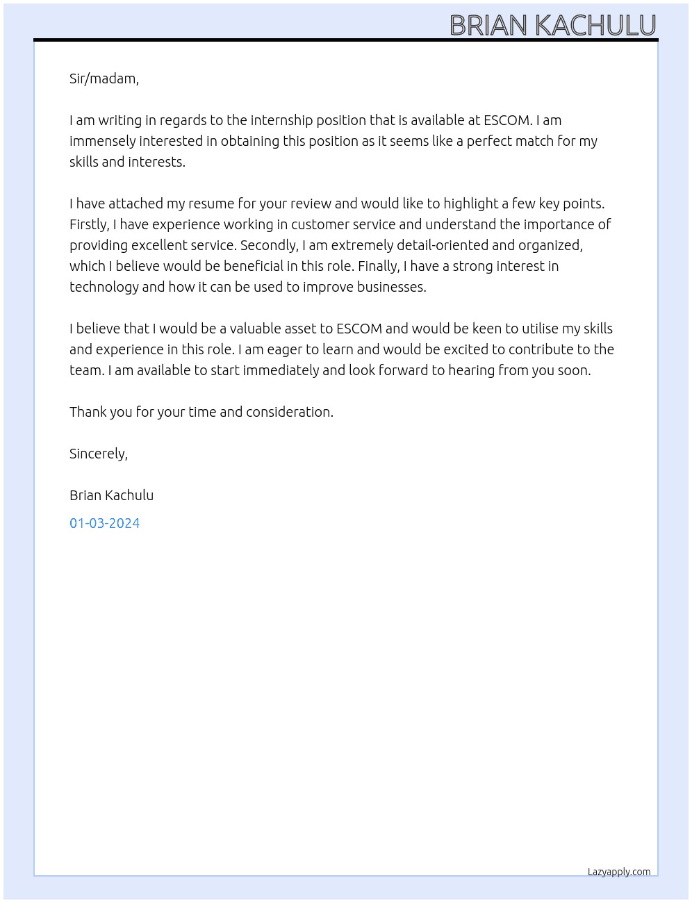 Internship  At ESCOM Cover Letter
