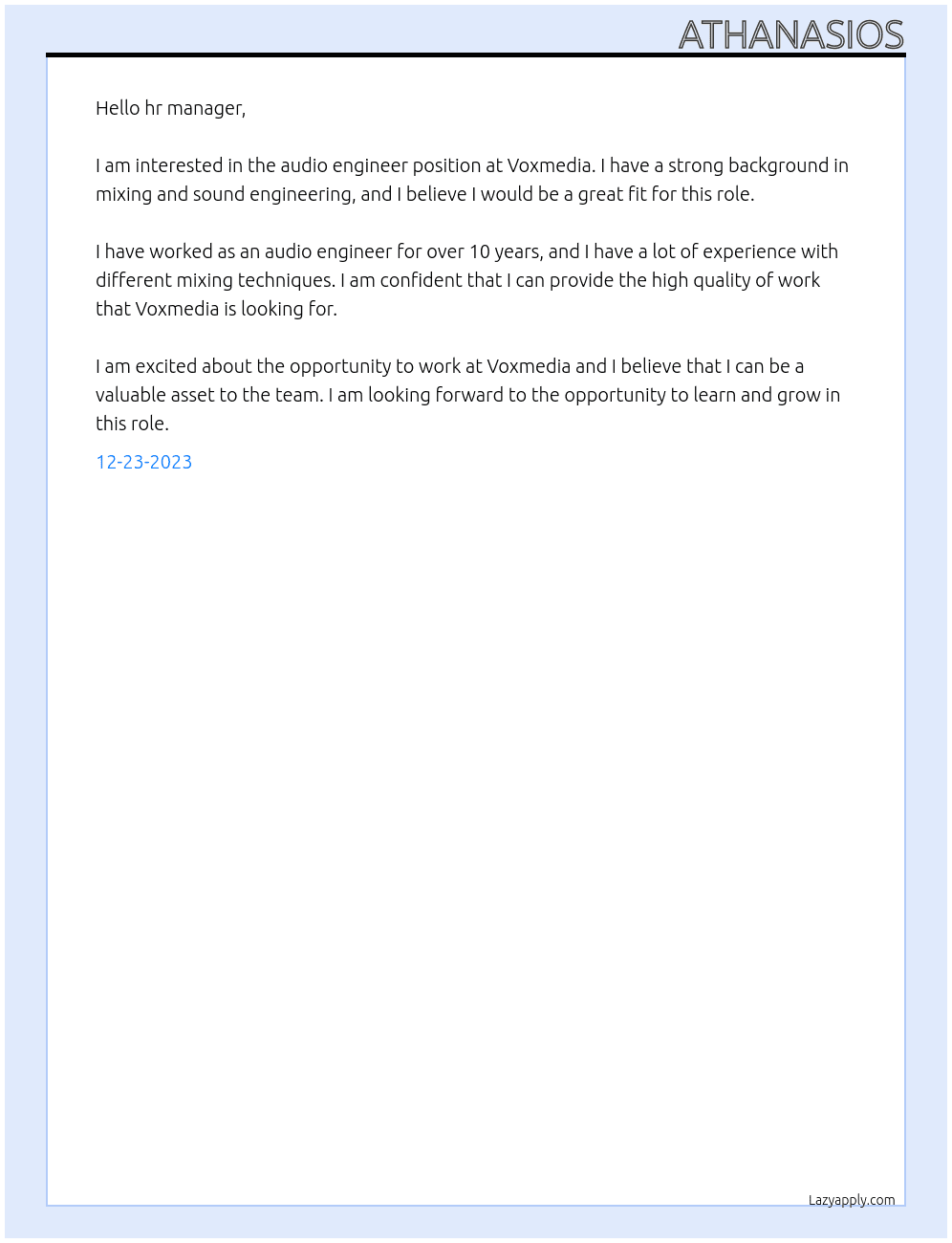 audio engineer At Voxmedia Cover Letter