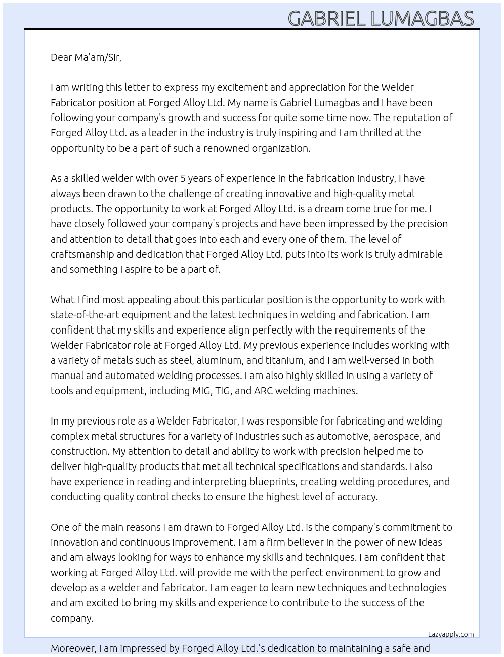 Welder Fabricator  At Forged Alloy Ltd. Cover Letter