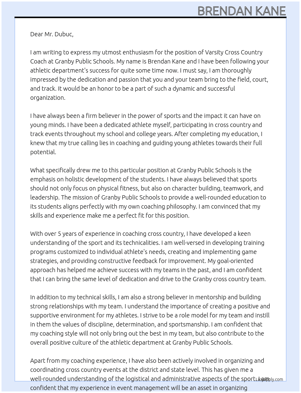 Varsity Cross Country Coach At Granby Public Schools Cover Letter