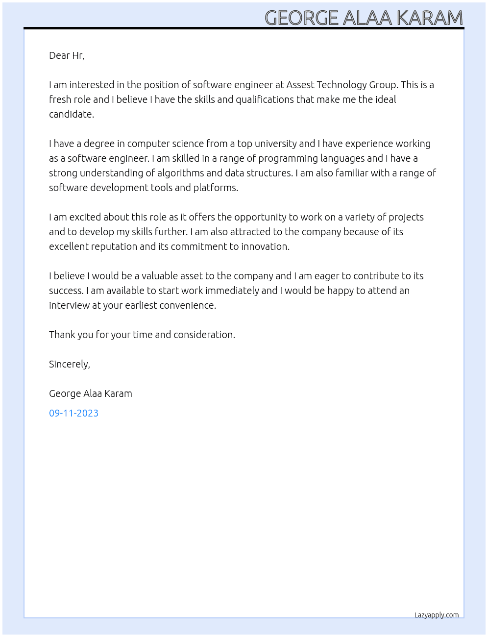 Software Engineer At Assest Technology Group Cover Letter