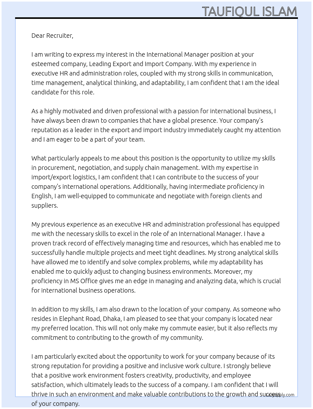 International Manager  At Leading export and import company. Cover Letter