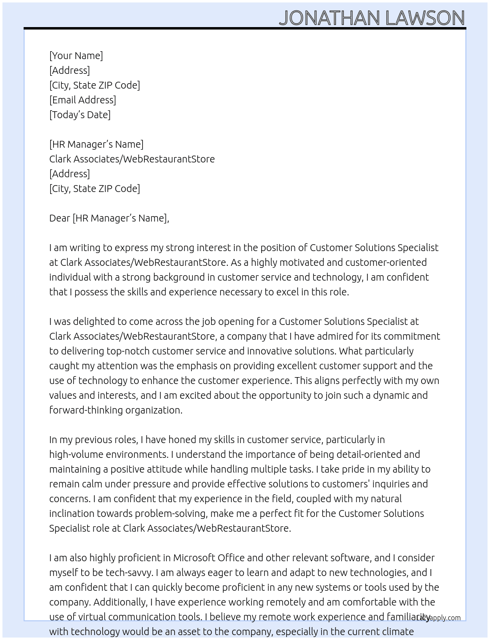 Customer Solutions Specialist  At Clark Associates/WebRestaurantStore Cover Letter