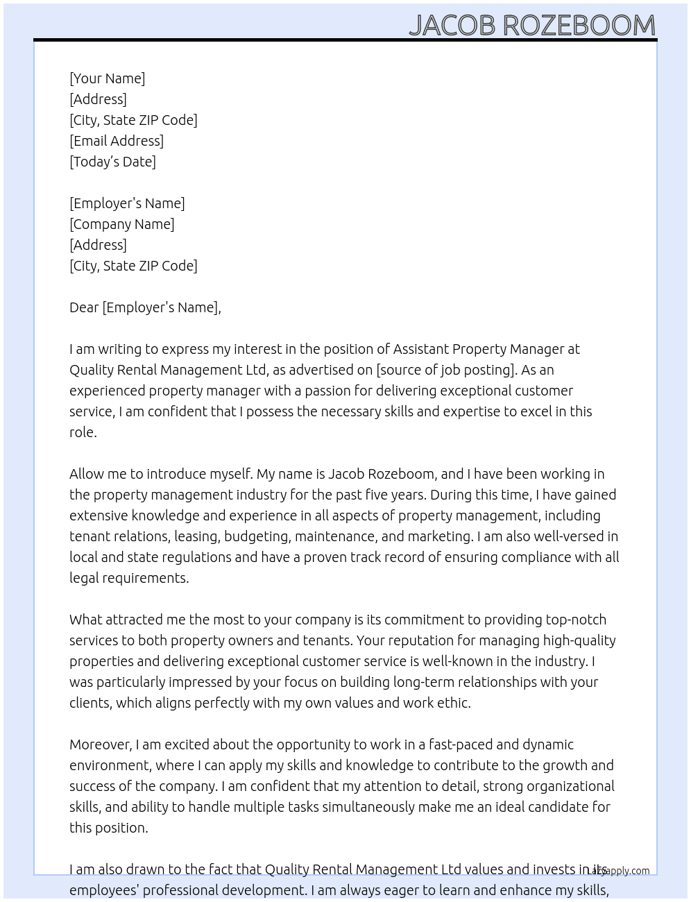Assistant Property Manager At Quality Rental Management Ltd Cover Letter