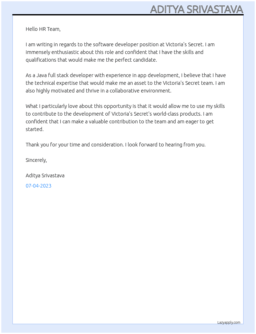 Software developer At Victoria Secret Cover Letter