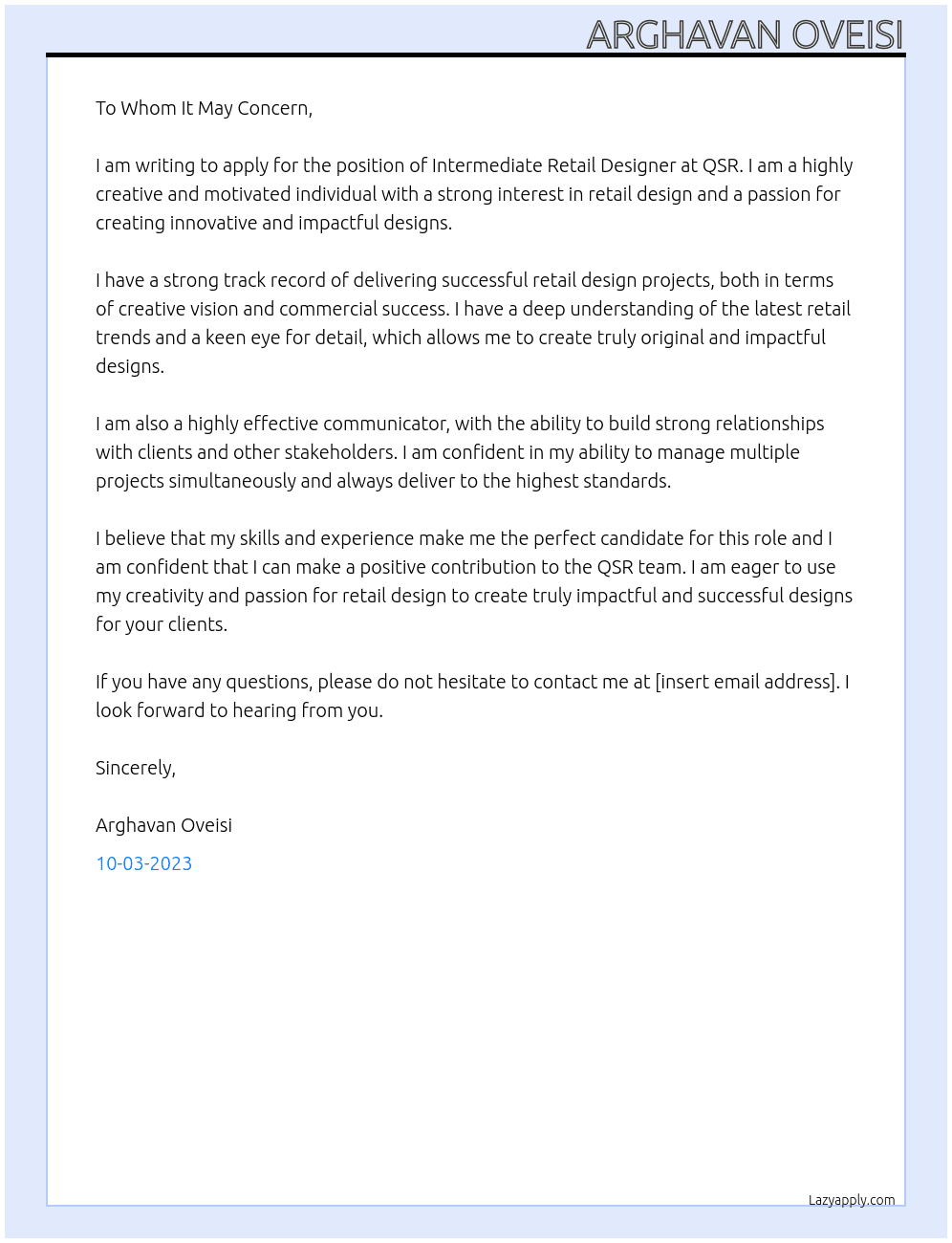 Intermediate Retail Designer At QSR Cover Letter