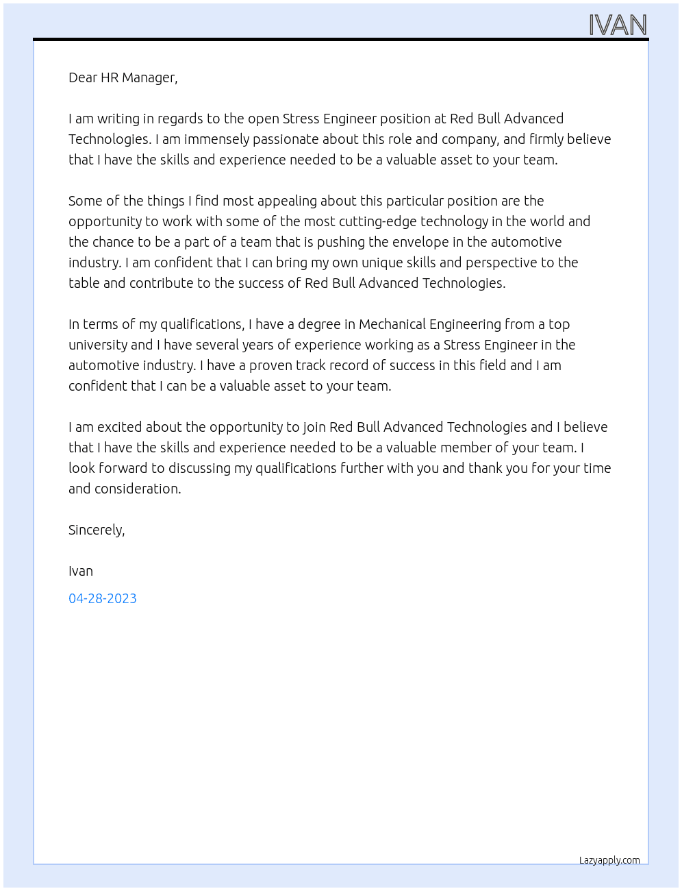 STRESS ENGINEER At Red Bull Advanced Technologies Cover Letter