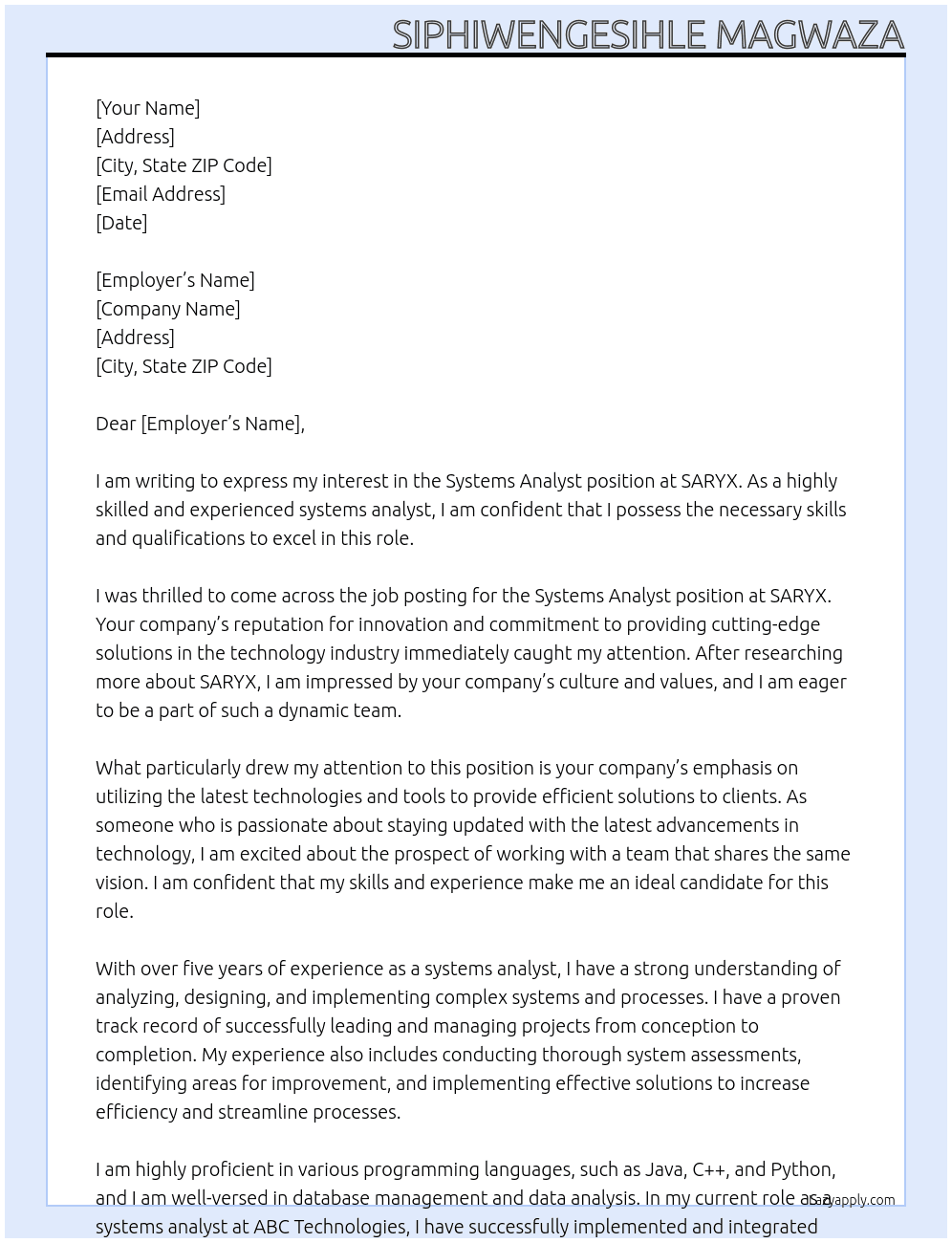 systems analyst At SARYX Cover Letter