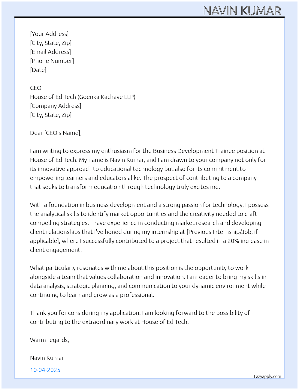 Cover letter for business development trainee - LazyApply
