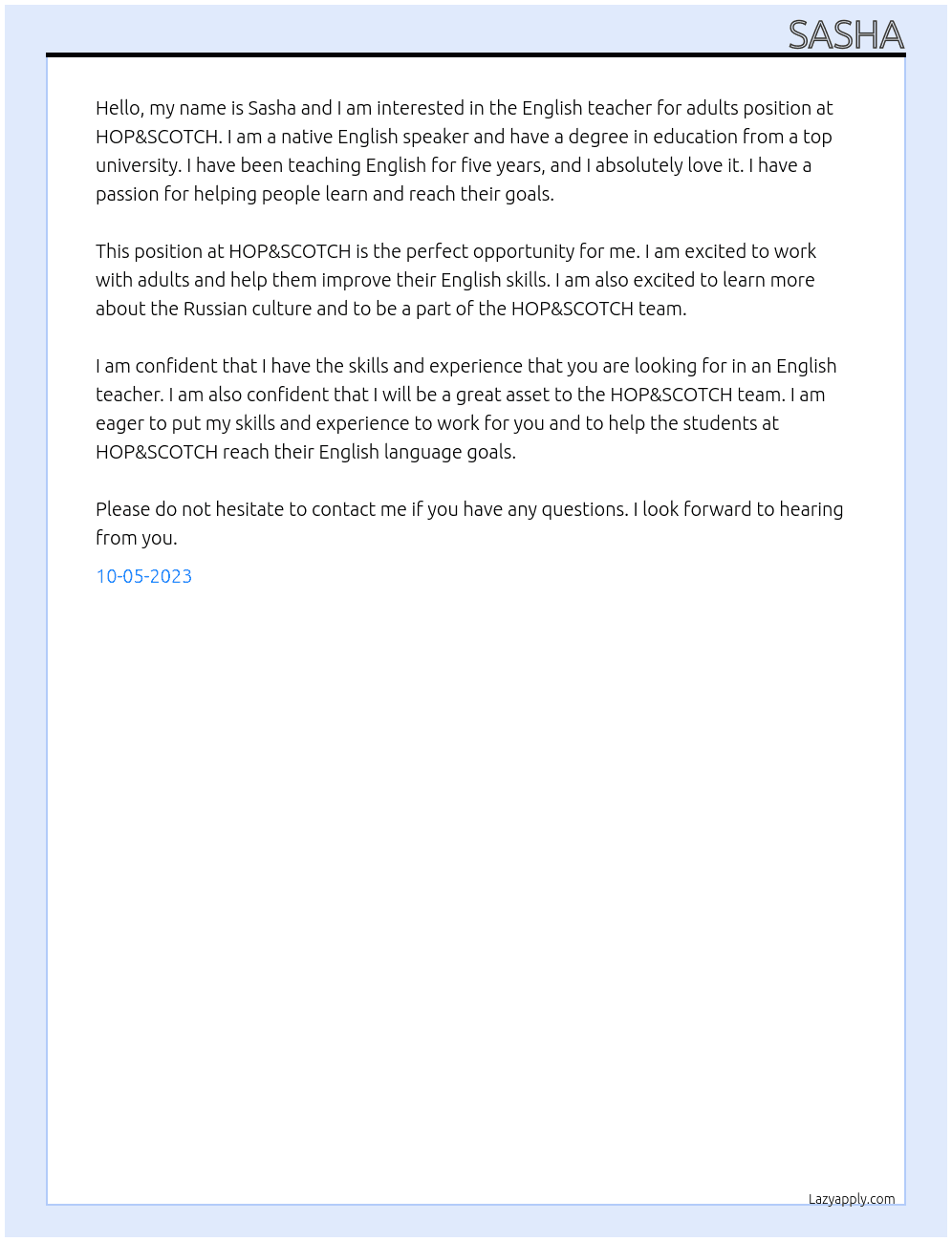 english teacher for udults At HOP&SCOTCH Cover Letter
