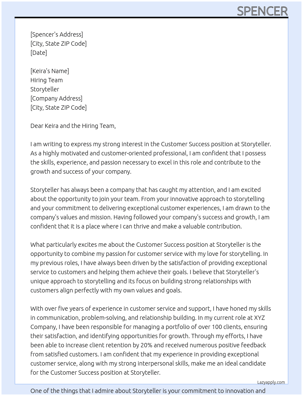 Customer Success At Storyteller Cover Letter