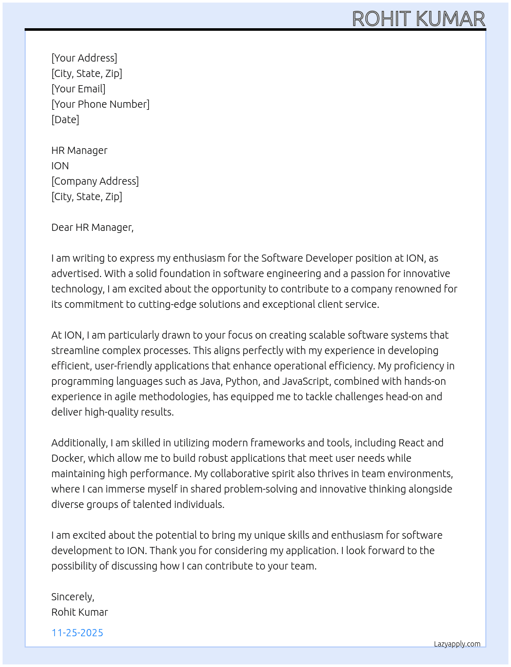 Software Developer At ION Cover Letter
