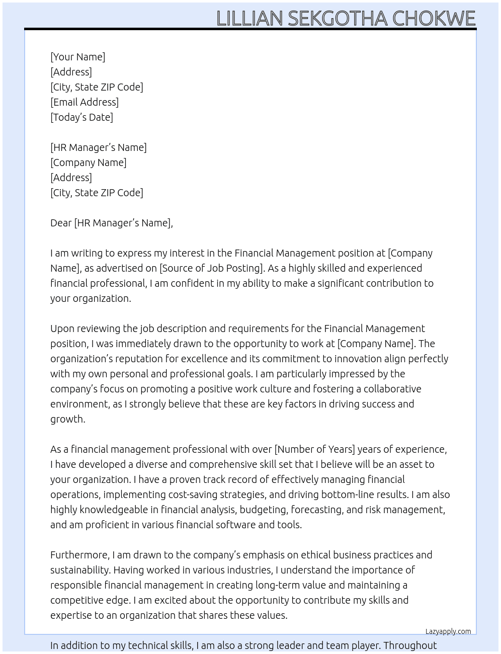 Financial Management At Organization Cover Letter