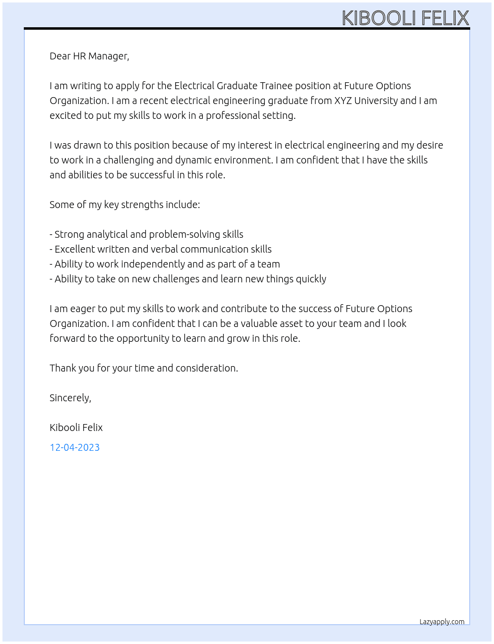 ELECTRICAL GRADUATE TRAINEEE At FUTURE OPTIONS ORGANIZATION Cover Letter