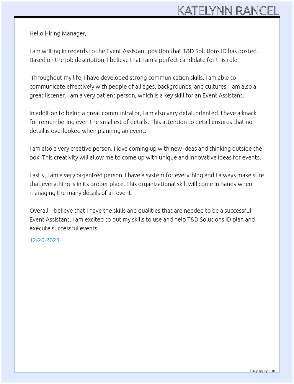 Event assistant  At T&D solutions ID Cover Letter
