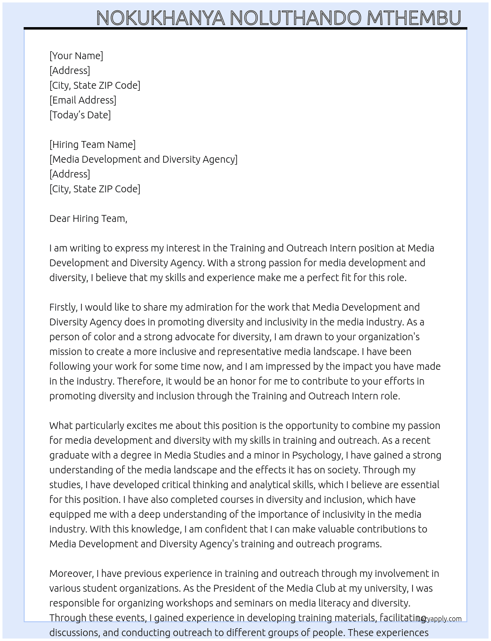 Training and Outreach Intern At Media Development and Diversity Agency  Cover Letter
