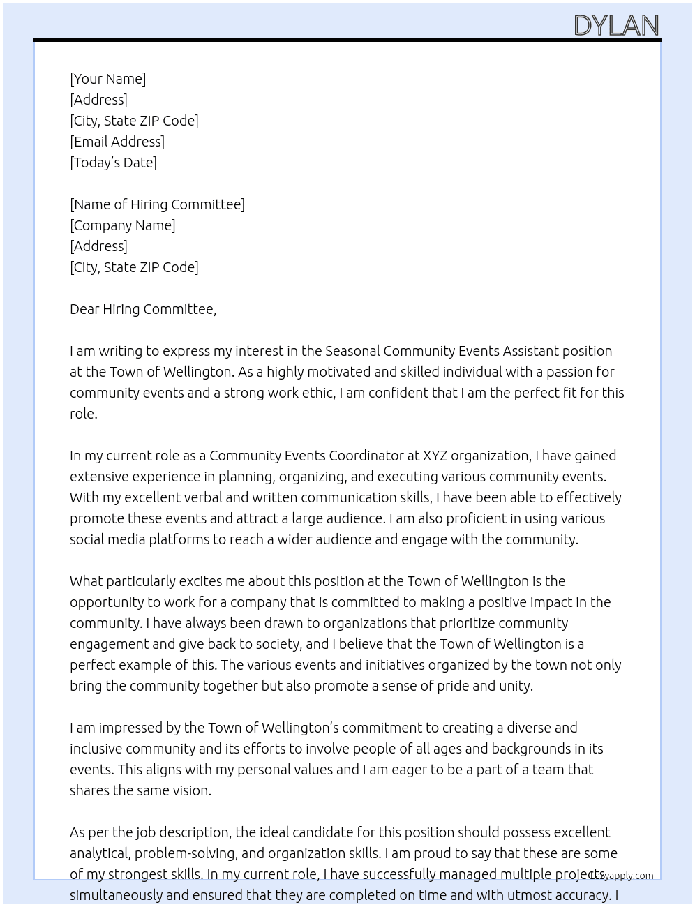 Seasonal Community Events Assistant At Town of Wellington Cover Letter