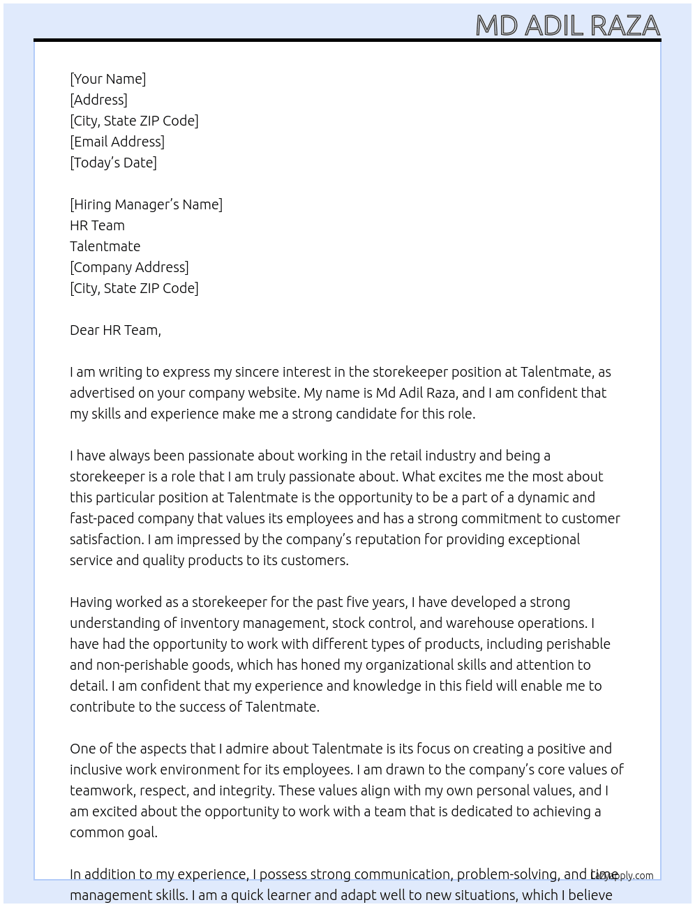 storekeeper  At Talentmate Cover Letter