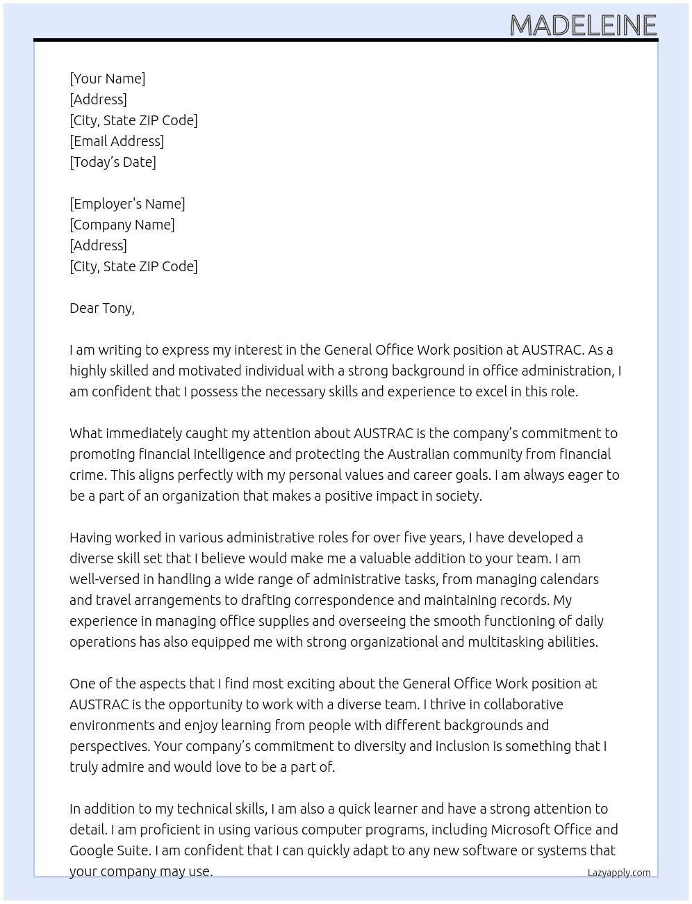General Office Work At AUSTRAC Cover Letter
