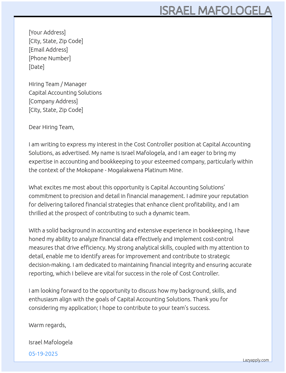 Cost Controller At Capital Accounting Solutions Cover Letter