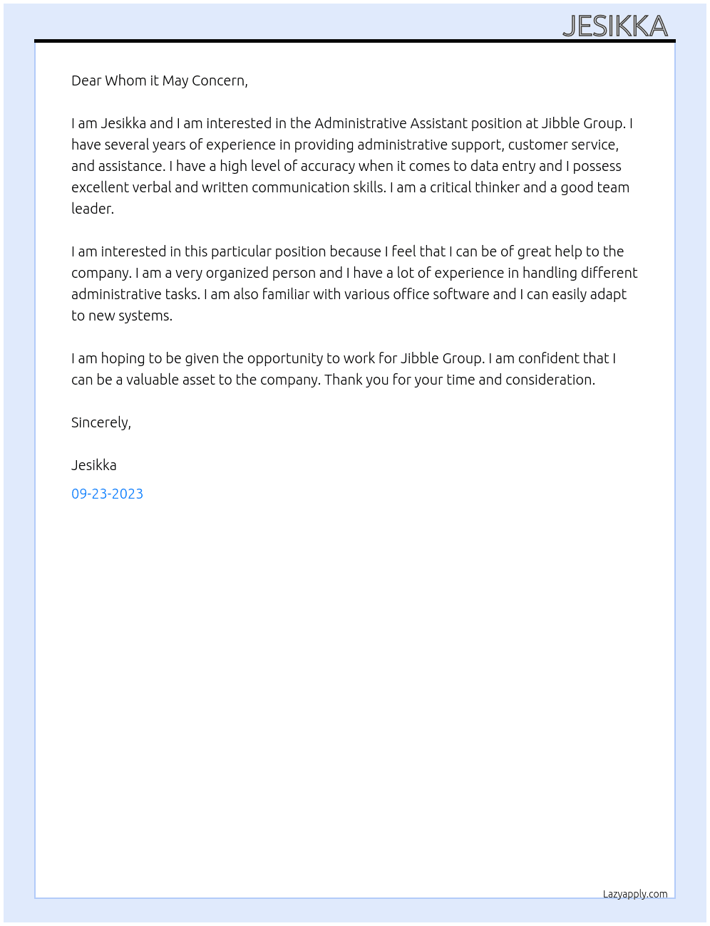 Administrative Assistant  At Jibble Group Cover Letter