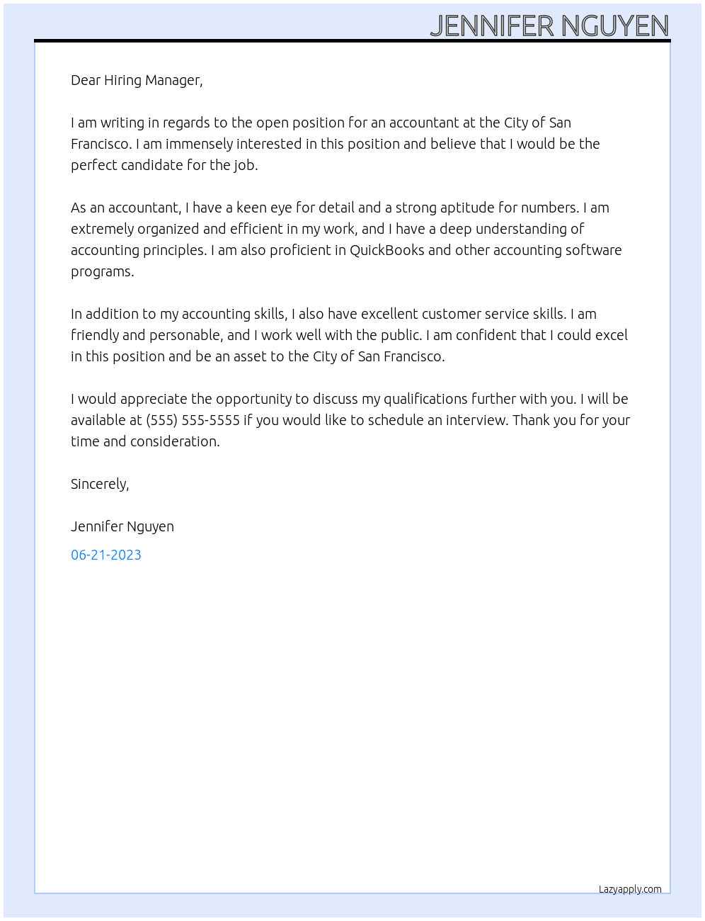 ACCOUNTANT At CITY OF SAN FRANCISCO Cover Letter