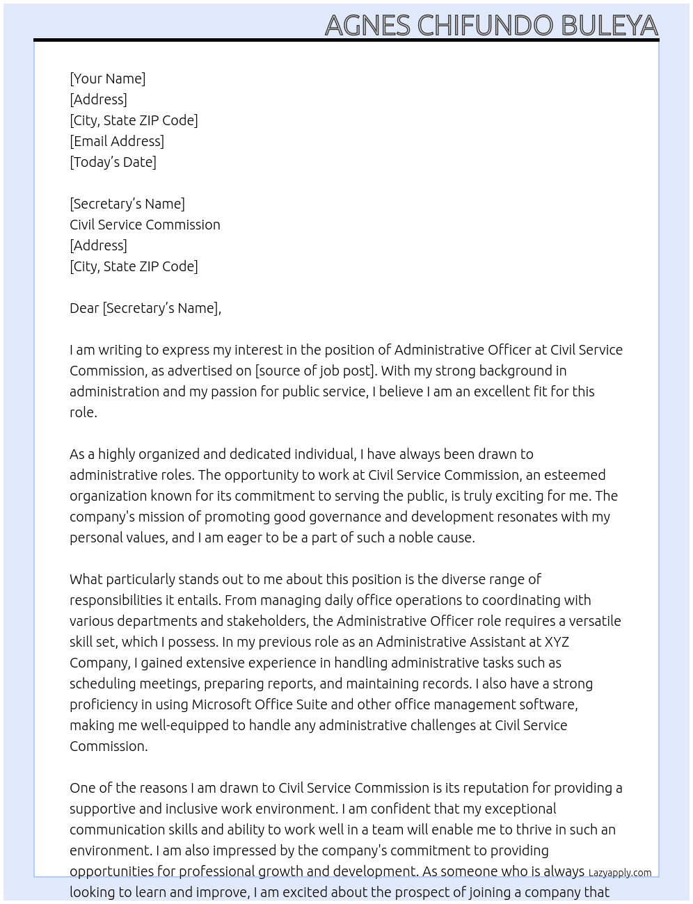 Administrative Officer  At Civil Service Commission Cover Letter