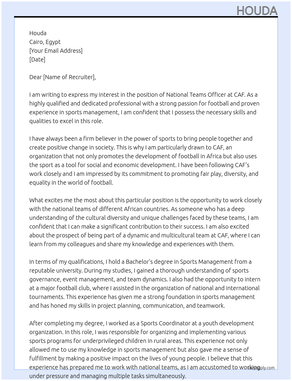 National teams officer At CAF Cover Letter