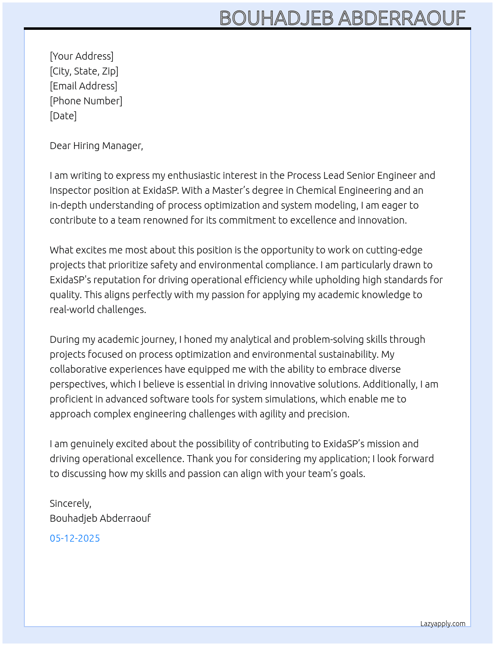 Cover letter for process lead senior engineer and inspector - LazyApply