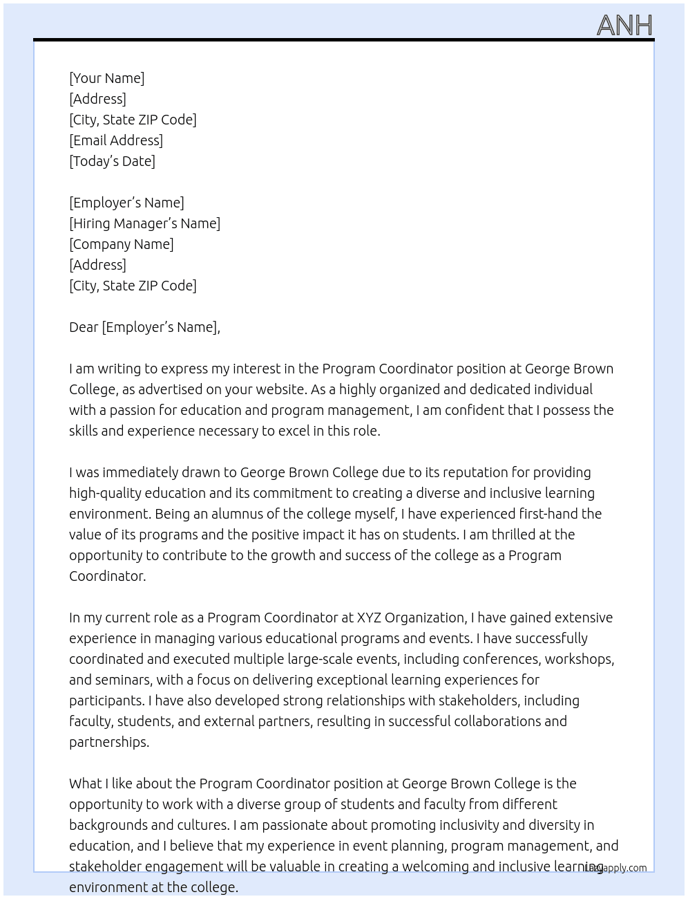 Program Coordinator At George Brown College Cover Letter