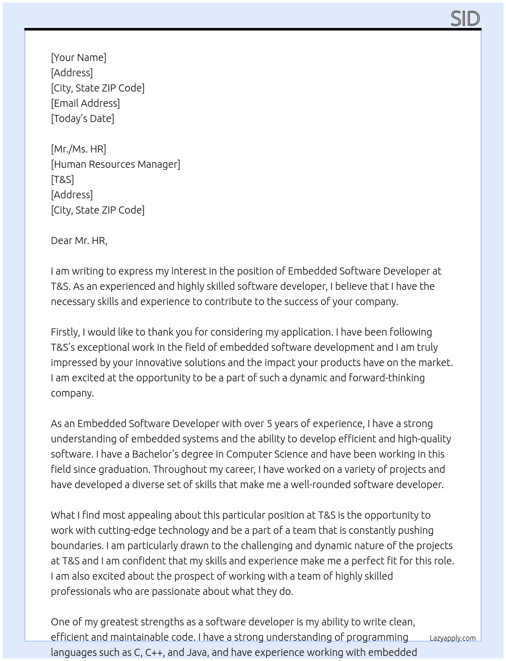 Embedded software developer At T&S Cover Letter