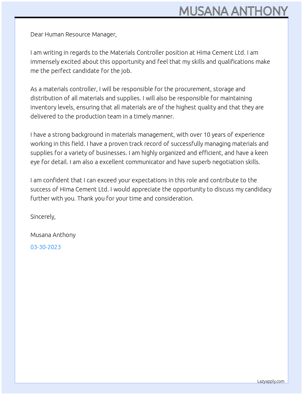 Materials Controller At Hima Cement Ltd Cover Letter