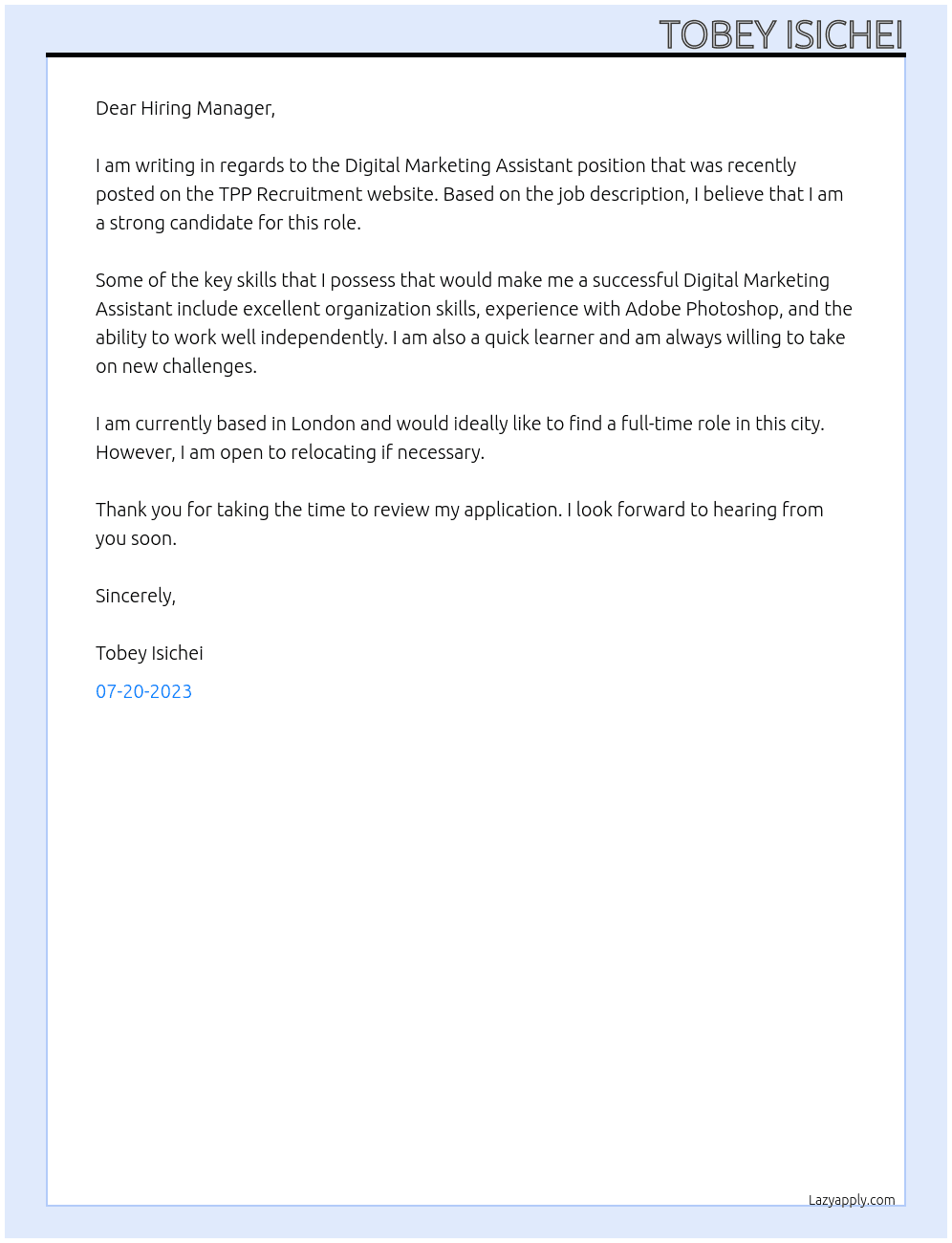 Digital marketing assistant  At Tpp recruitment  Cover Letter