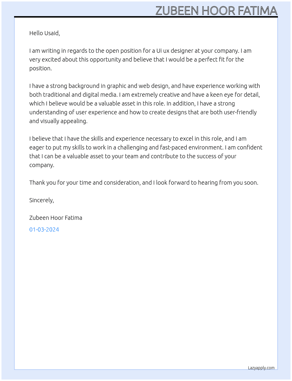Ui ux designer  At Us client  Cover Letter