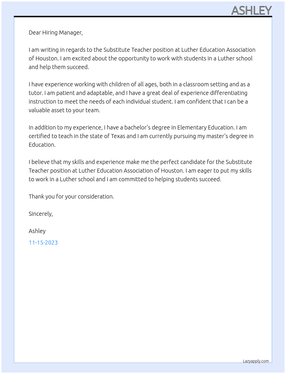 Substitute Teacher  At Luther Education Association of Houston Cover Letter