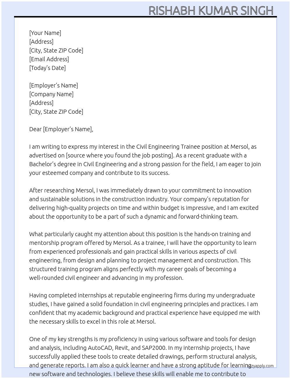 Civil Engineering Trainee  At Mersol Cover Letter