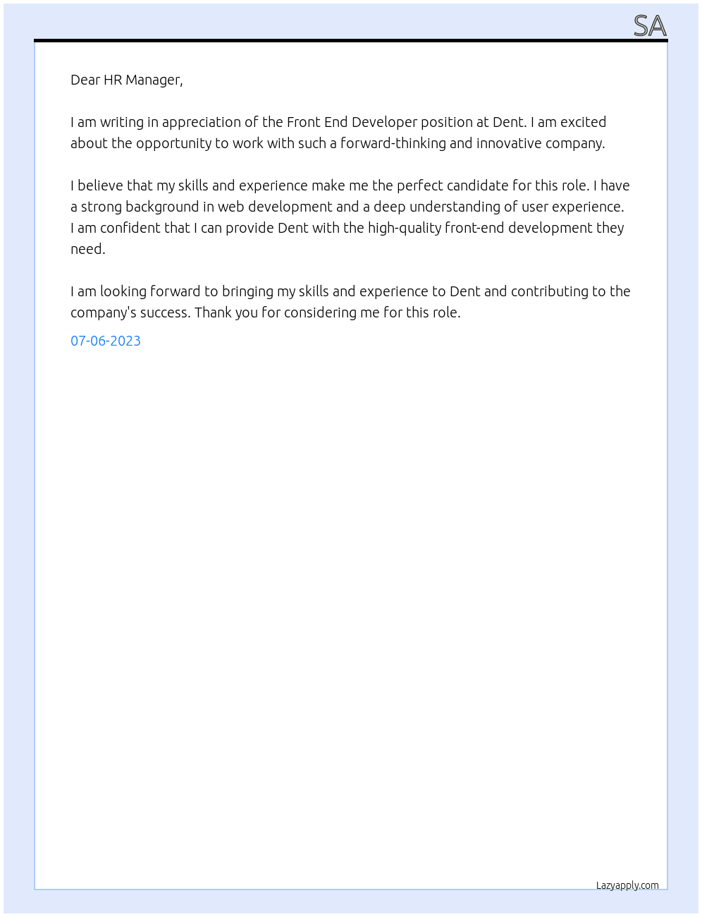 Front End Developer At Dent Cover Letter