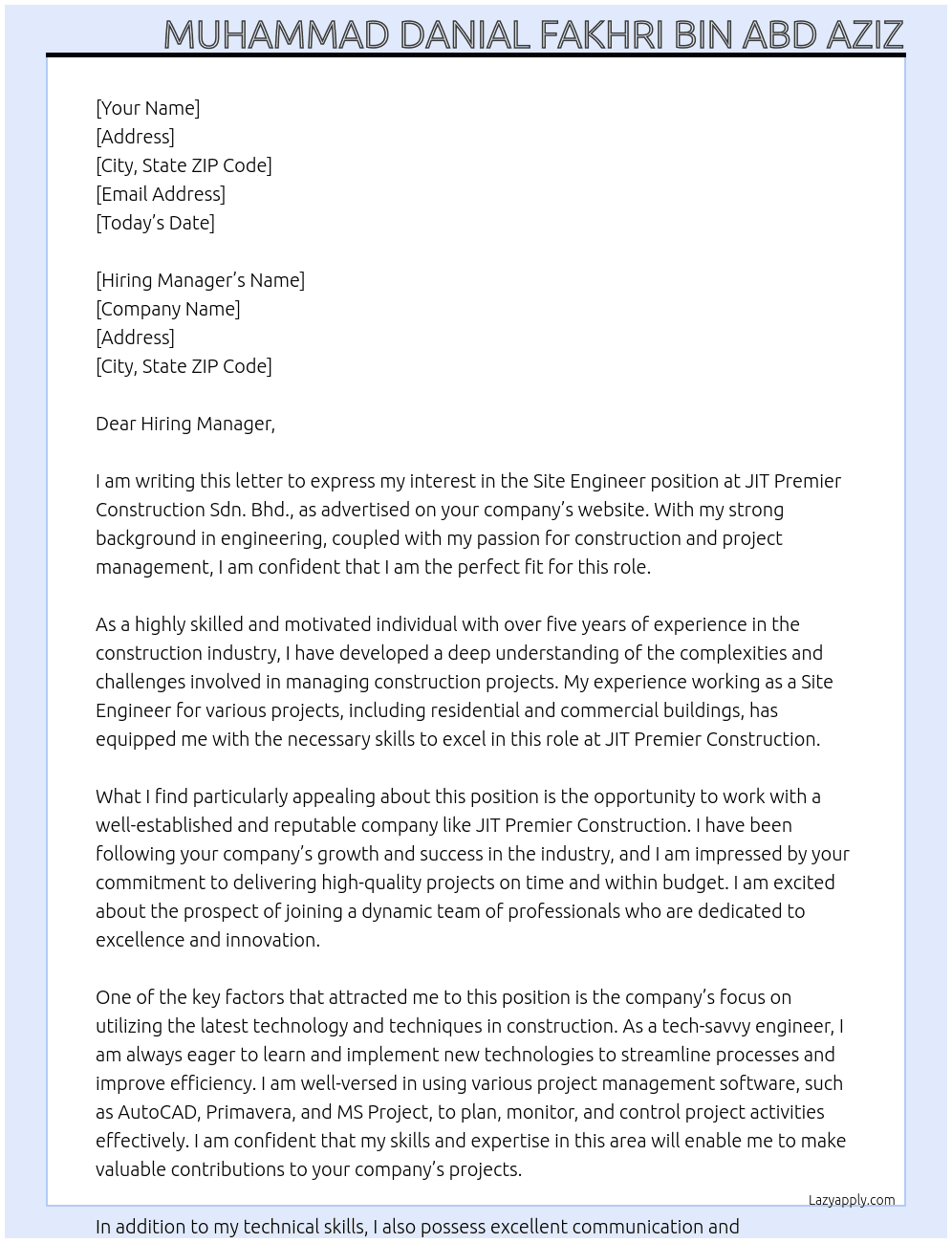 site engineer At JIT PREMIER CONSTRUCTION SDN. BHD. Cover Letter
