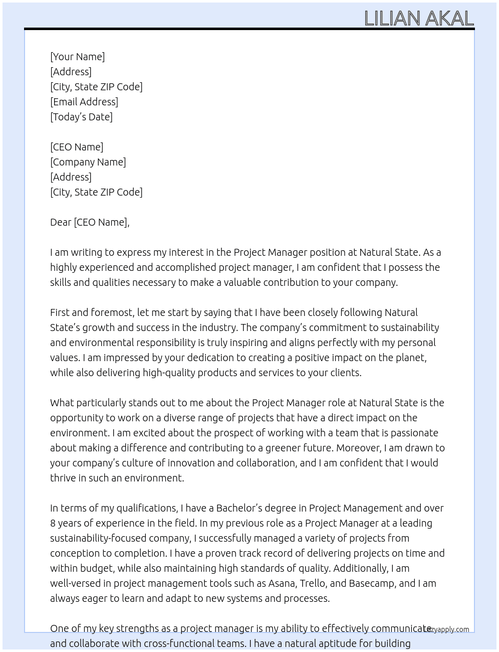 Peoject manager  At Natural state Cover Letter