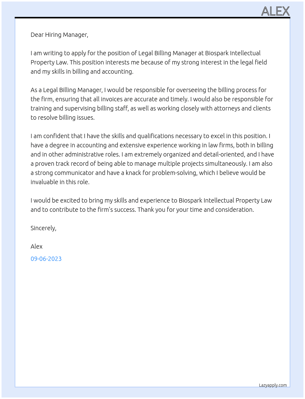 Legal Billing Manager At Biospark Intellectual Property Law Cover Letter