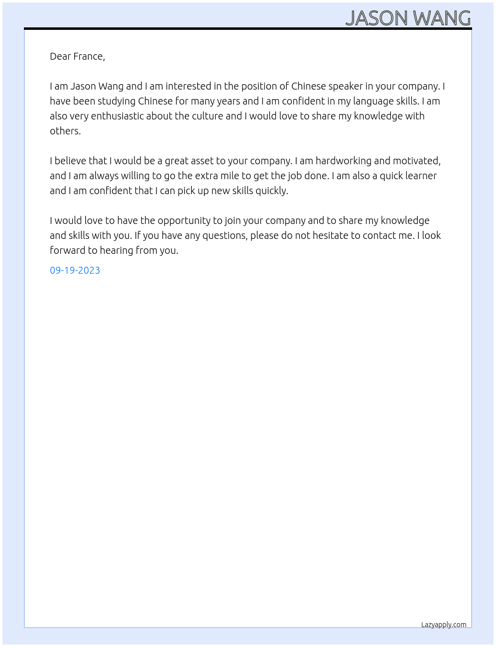 Chinese speaker At France Cover Letter