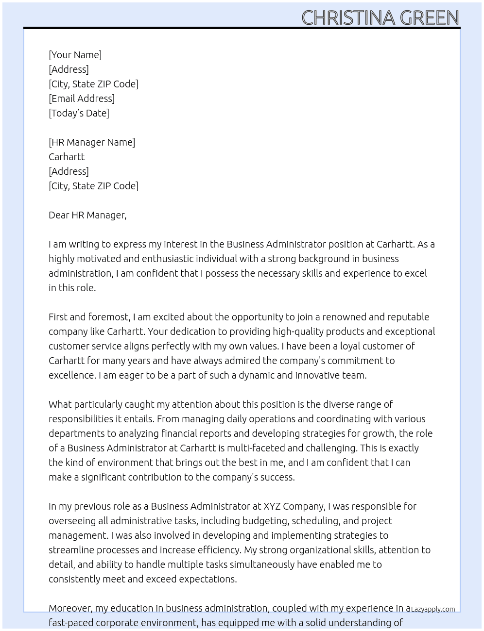 Business Administrator  At Carhartt Cover Letter
