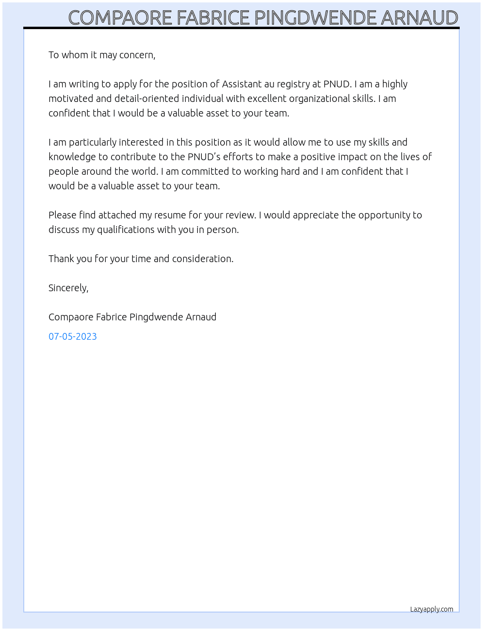 Assistant au registry At PNUD Cover Letter