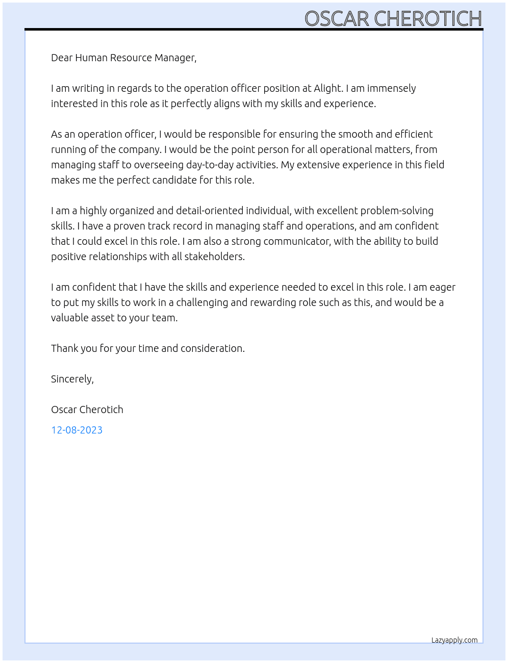 operation officer At  Alight  Cover Letter