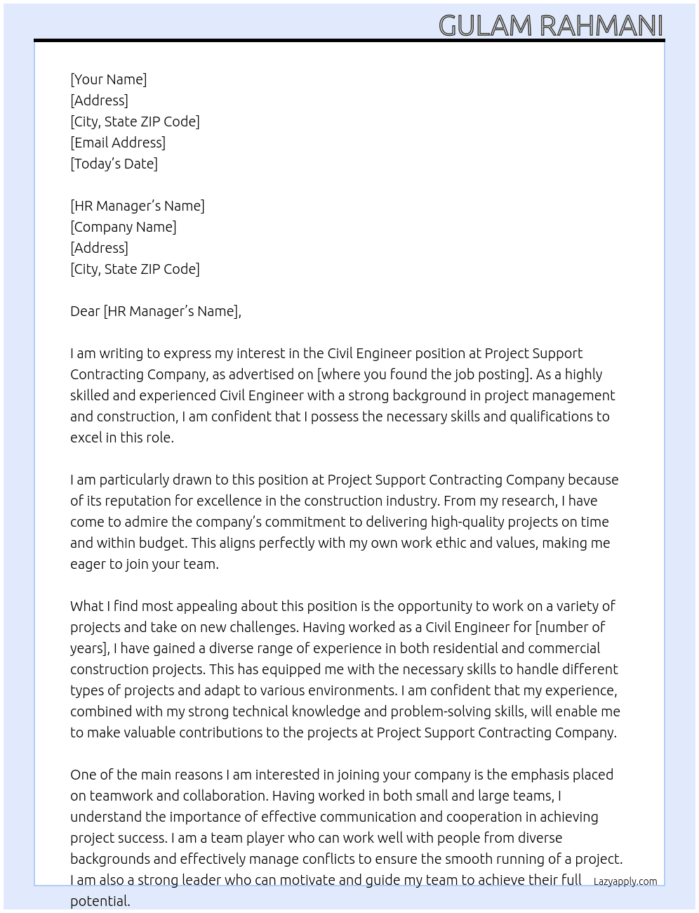 Civil Engineer At Project Support Contracting Company Cover Letter
