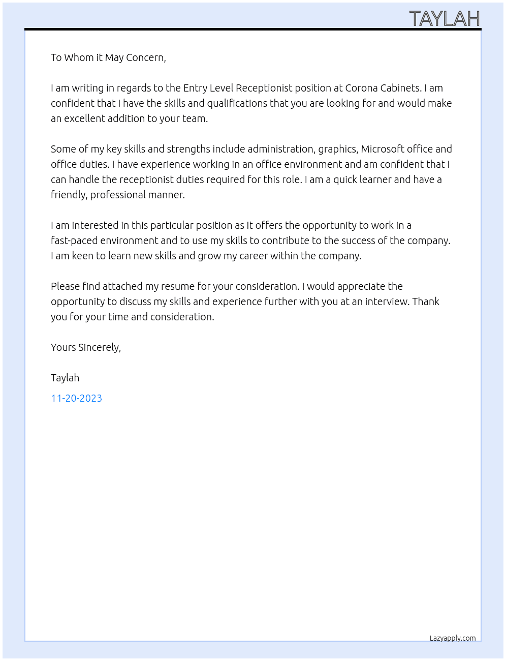 Entry Level Receptionist At Corona Cabinets Cover Letter