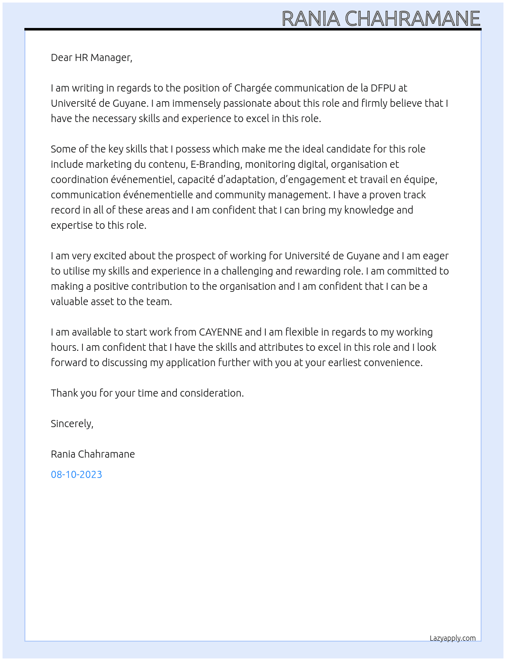 Chargée communication de la DFPU At Université de Guyane Cover Letter