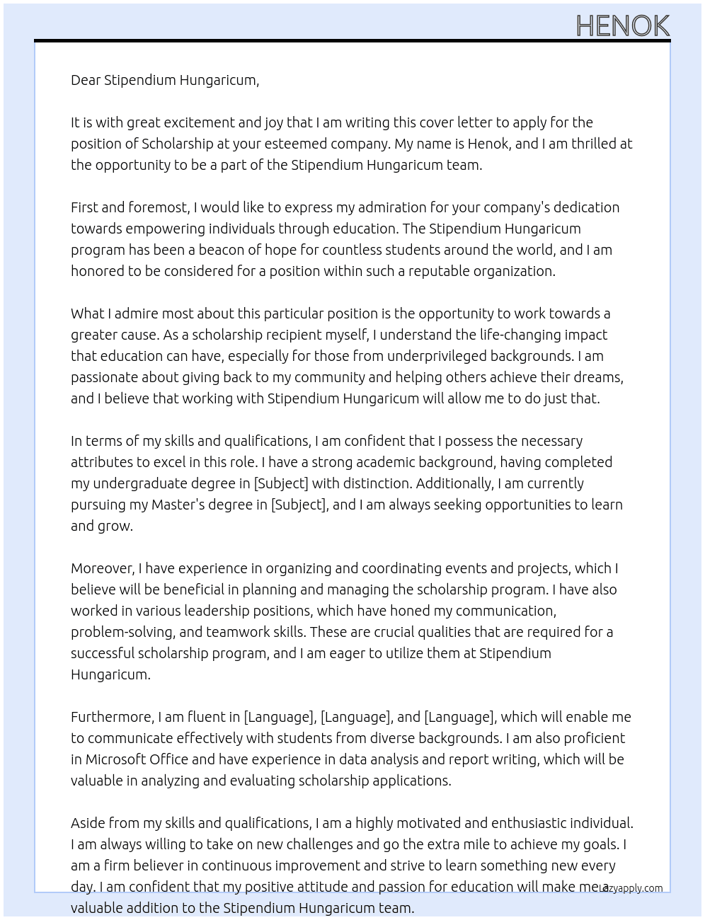 Scholarahip At Stipendium Hungaricum  Cover Letter
