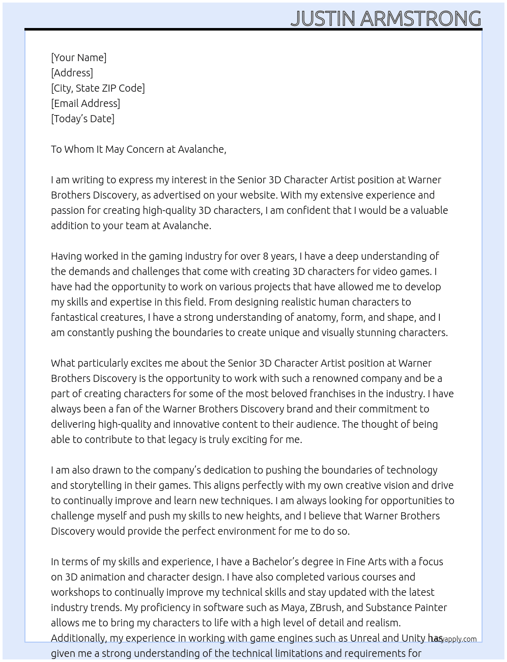 Senior 3D Character Artist At Warner Brothers Discovery Cover Letter