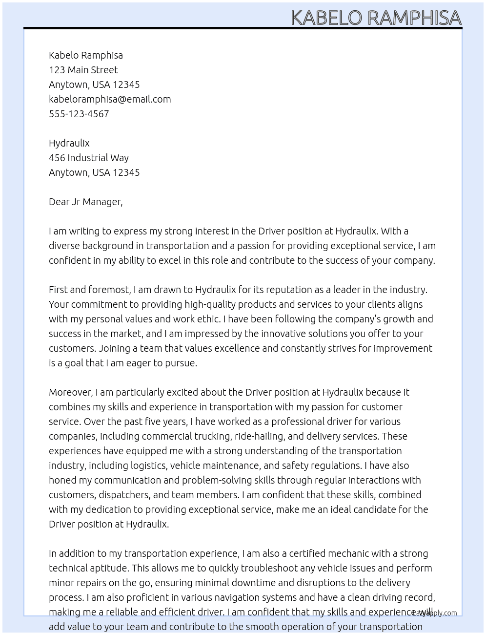 Driver  At Hydraulix Cover Letter